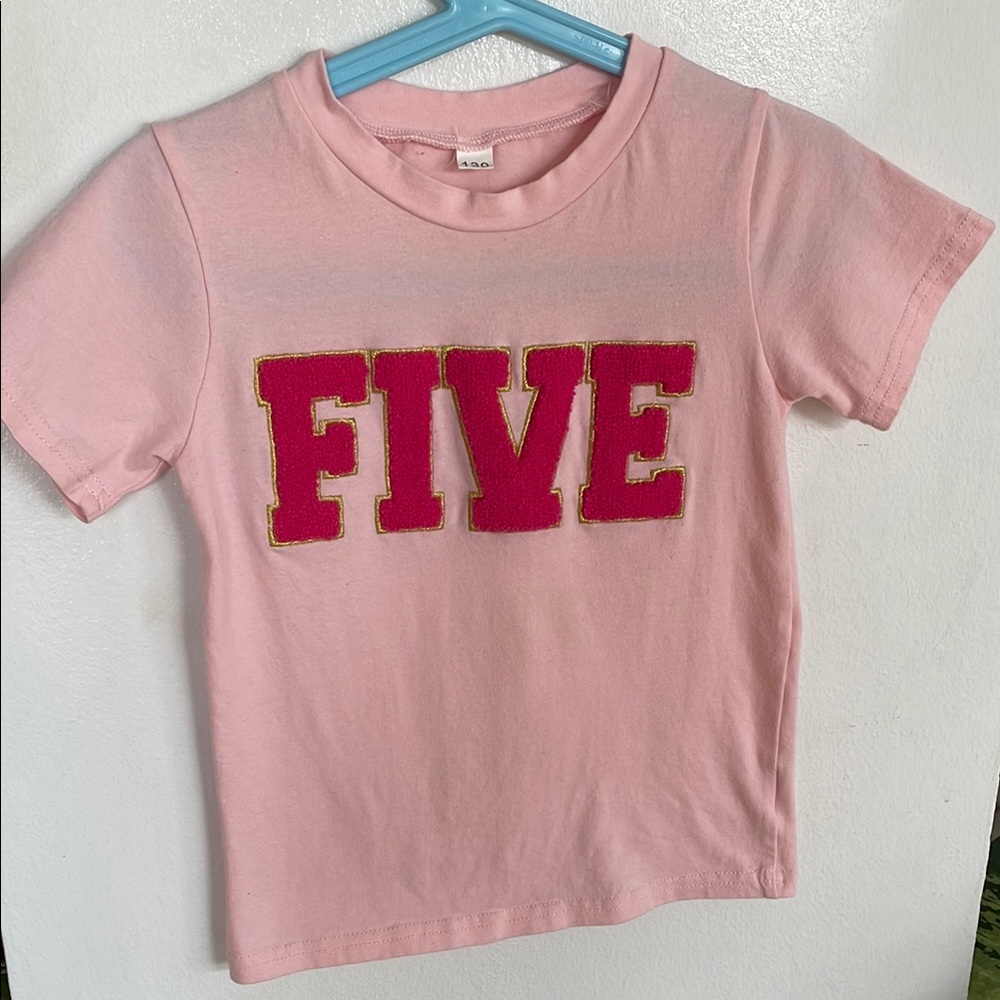 Pink Kids T-Shirt with 'FIVE' shirt. Perfect for 5th birthday!